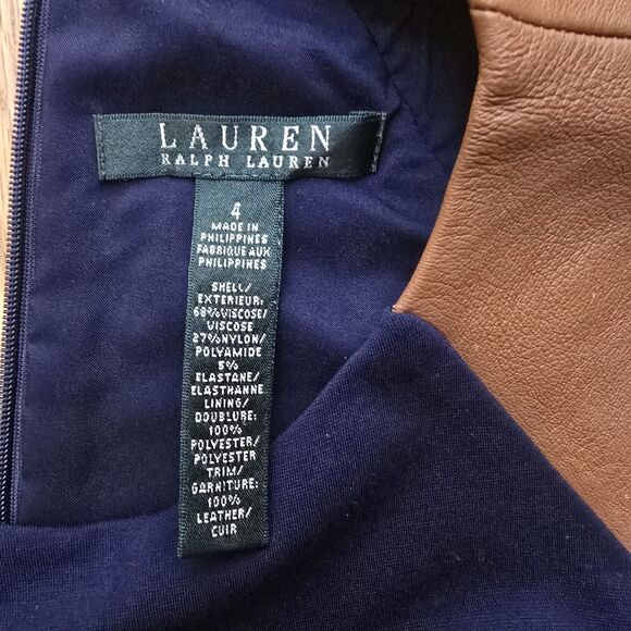 Lauren Ralph Lauren Women's 4 Blue Sheath Dress Leather Shoulder Trim Sleeveless - Picture 3 of 13